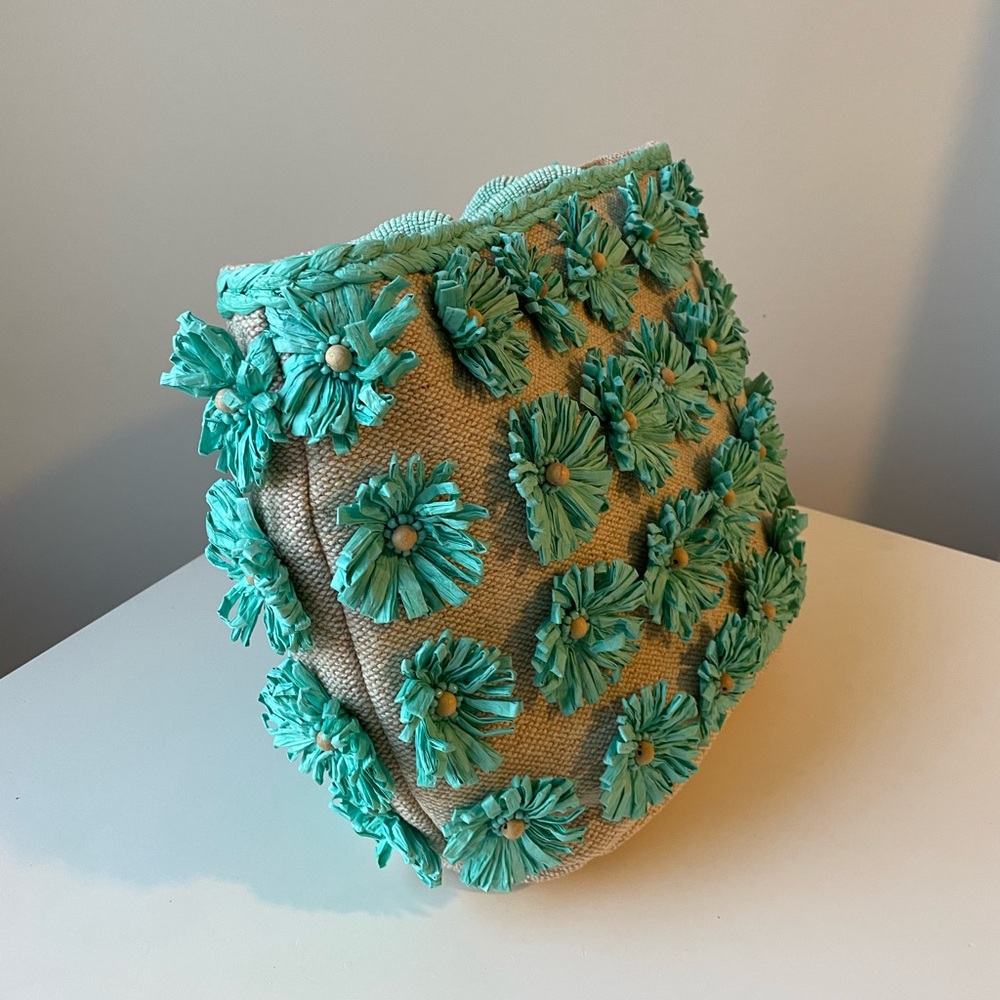 NWT Turquoise Rafita Floral Tote Bag with Beaded Handle Straps - Picture 3 of 8